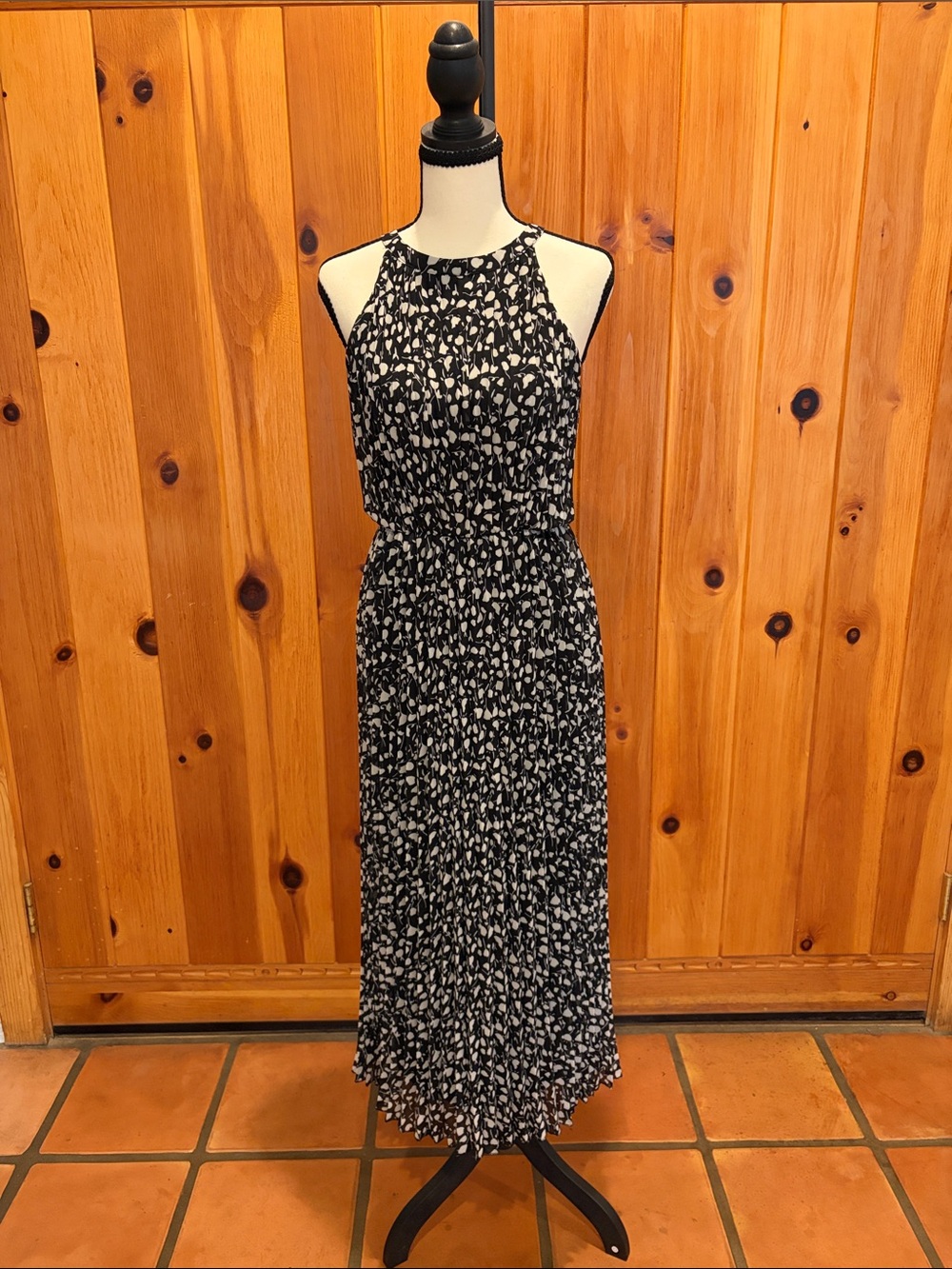 WD.NY Sleeveless Tiered Maxi Dress Black Cream Print Size S
